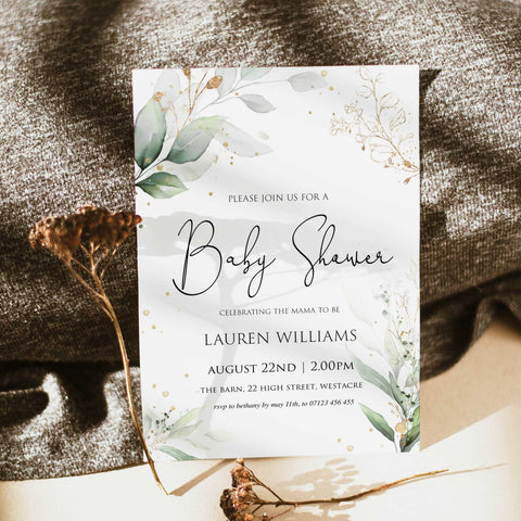 gold leaf baby shower invitations, baby shower invitations, editable baby shower invites, floral baby shower invite