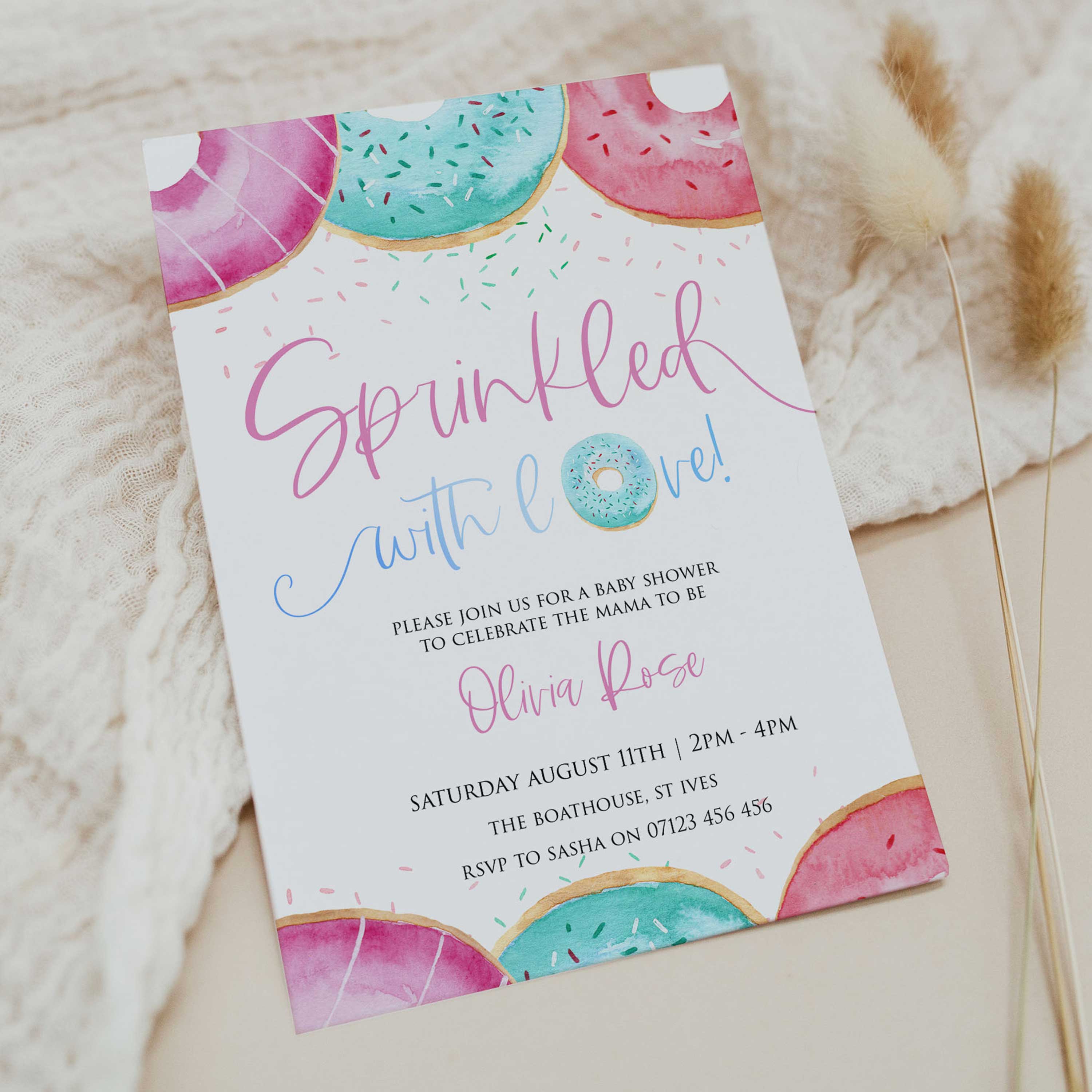 sprinkled with love baby invitation, editable donut baby shower invitations, printable baby shower invitations, donut baby shower theme, donut sprinkles baby shower, baby shower invitations