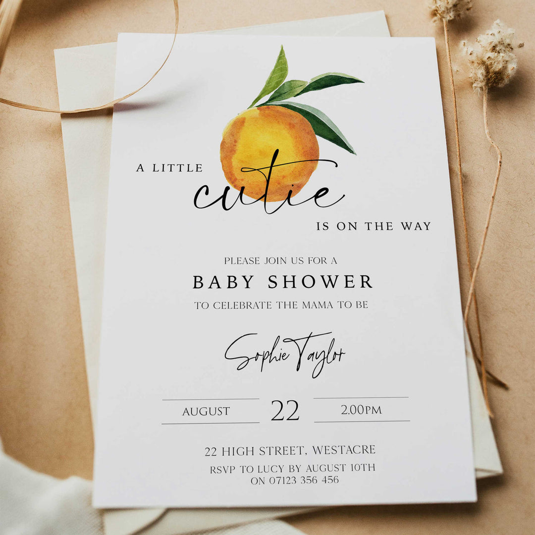 editable baby shower invitations, printable baby shower invitations, citrus orange baby shower theme, citrus baby shower, baby shower invites