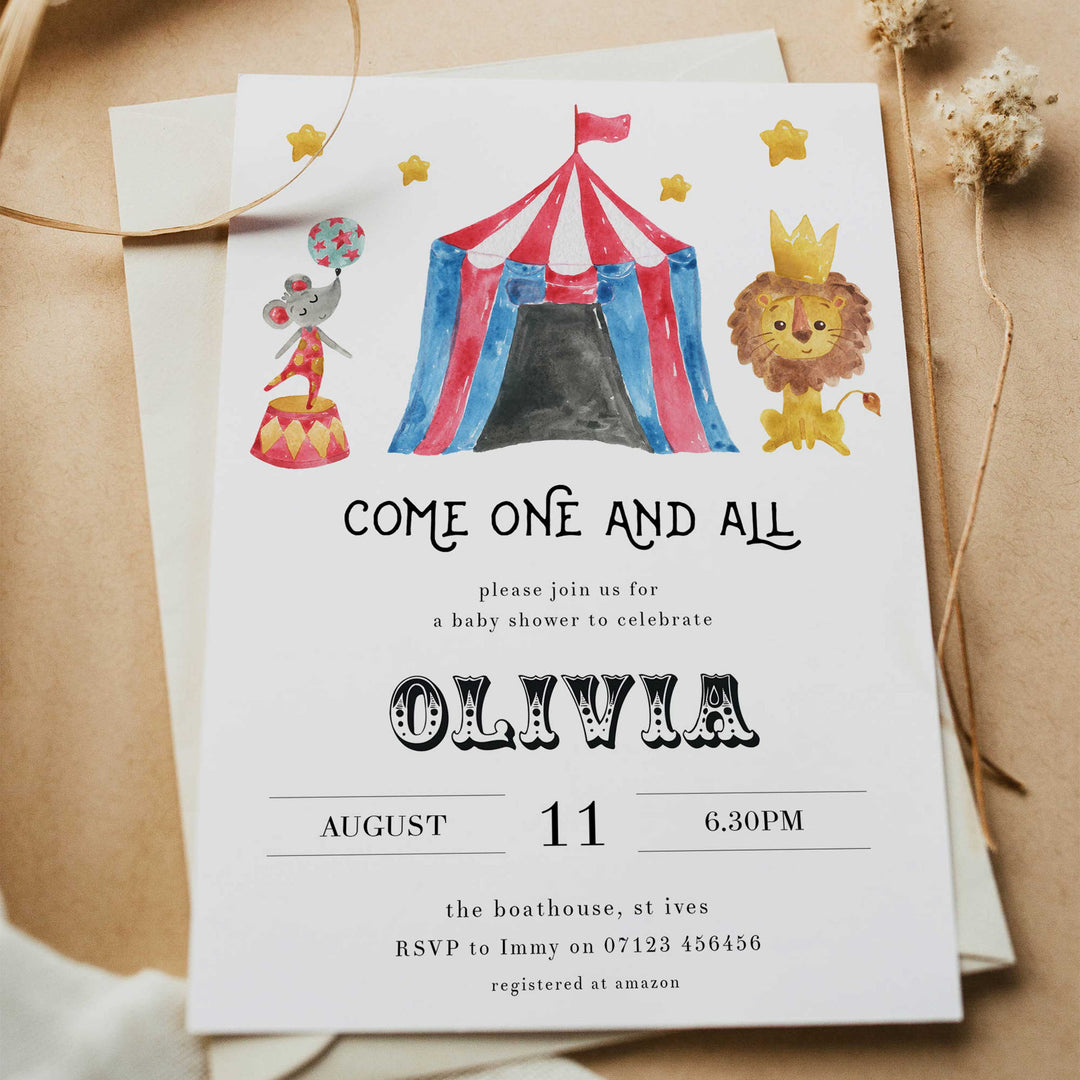 circus baby shower invitations, editable baby shower invitations, printable baby shower invitations, carnival baby shower invitations, fun baby shower invites