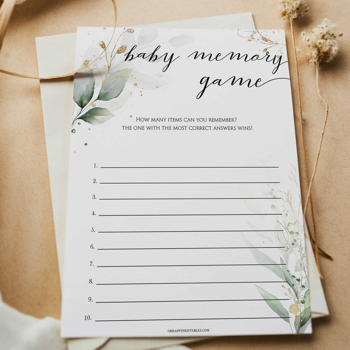 Gold green leaf baby games, baby memory game, printable baby games, fun baby games, top baby games to play, gold leaf baby shower, greenery baby shower ideas