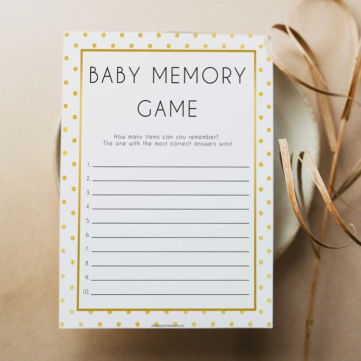 baby memory game, baby memory list, Printable baby shower games, baby gold dots fun baby games, baby shower games, fun baby shower ideas, top baby shower ideas, gold glitter shower baby shower, friends baby shower ideas