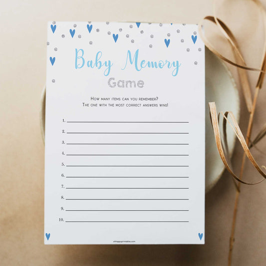 baby memory game, Printable baby shower games, small blue hearts fun baby games, baby shower games, fun baby shower ideas, top baby shower ideas, silver baby shower, blue hearts baby shower ideas