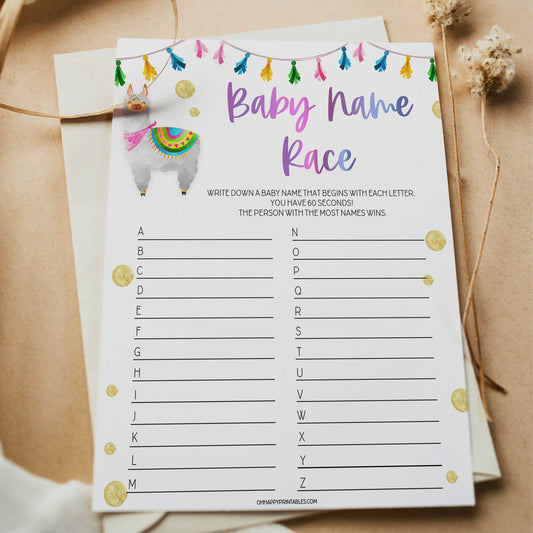 baby name race game, Printable baby shower games, llama fiesta fun baby games, baby shower games, fun baby shower ideas, top baby shower ideas, Llama fiesta shower baby shower, fiesta baby shower ideas