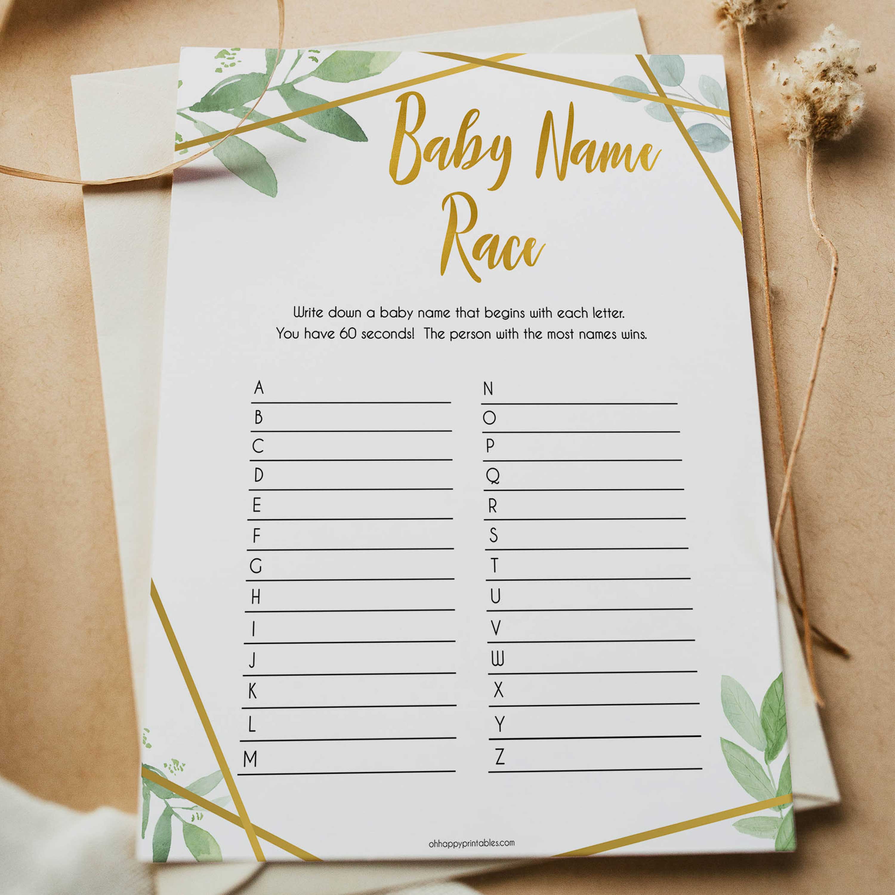 gold geometric baby name race baby shower games, printable baby shower games, fun baby games, popular baby games, gold baby games