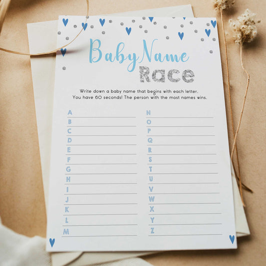  Baby Name Race Game, Printable baby shower games, small blue hearts fun baby games, baby shower games, fun baby shower ideas, top baby shower ideas, silver baby shower, blue hearts baby shower ideas