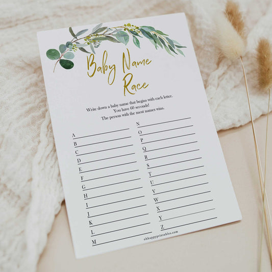 Eucalyptus baby shower games, baby name race baby game, fun baby shower games, printable baby games, baby shower ideas, baby games, baby shower baby shower bundle, baby shower games packs, botanical baby shower