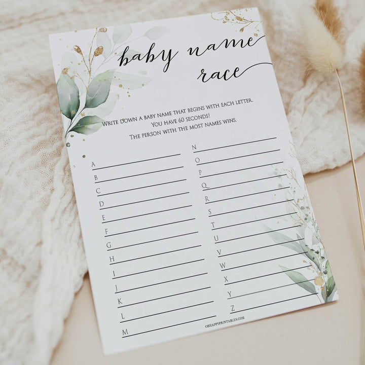 Gold green leaf baby games, baby name race,  printable baby games, fun baby games, top baby games to play, gold leaf baby shower, greenery baby shower ideas