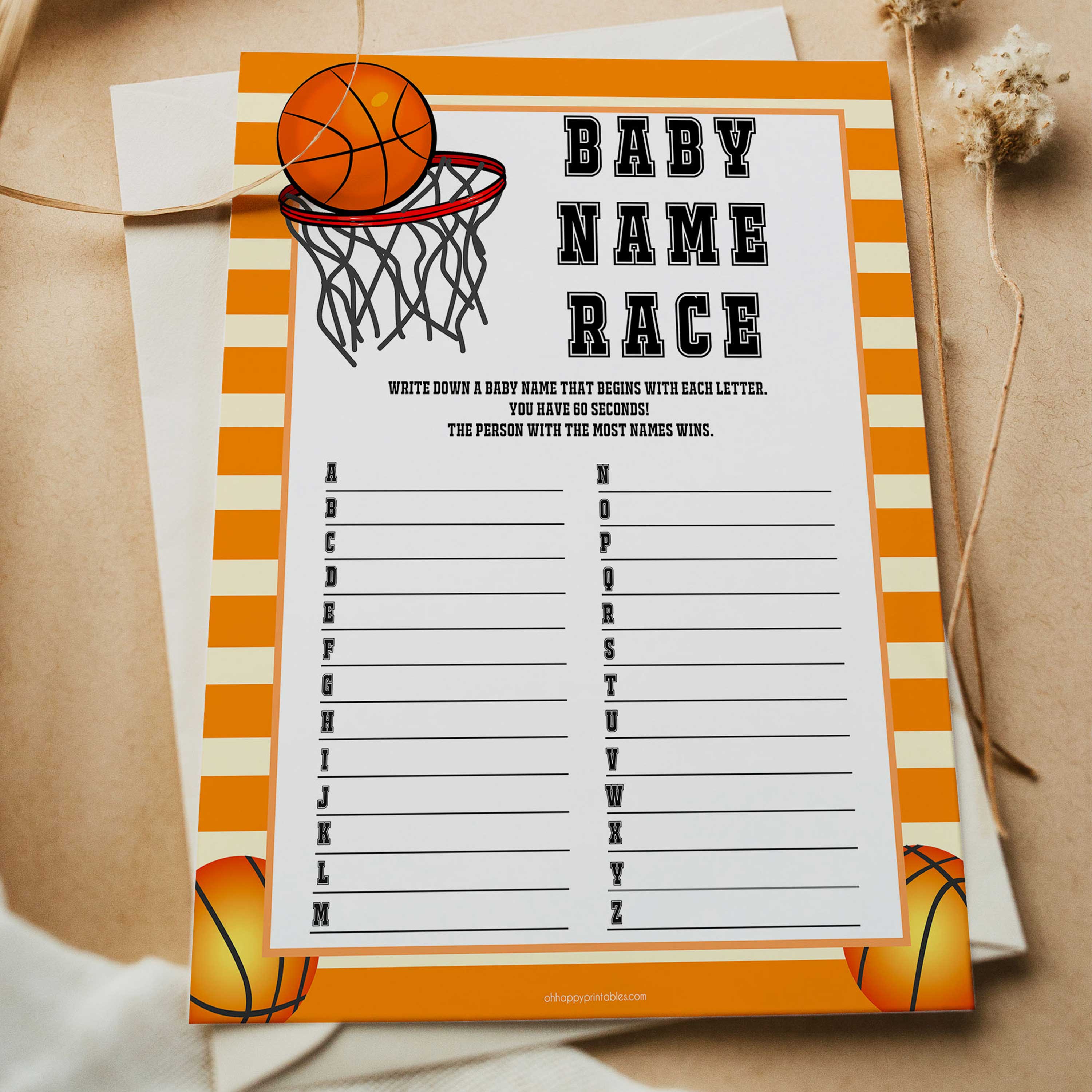 Basketball baby shower games, baby name race, baby game, printable baby games, basket baby games, baby shower games, basketball baby shower idea, fun baby games, popular baby games