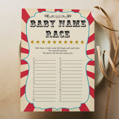 Circus baby baby name race baby shower games, circus baby games, carnival baby games, printable baby games, fun baby games, popular baby games, carnival baby shower, carnival theme