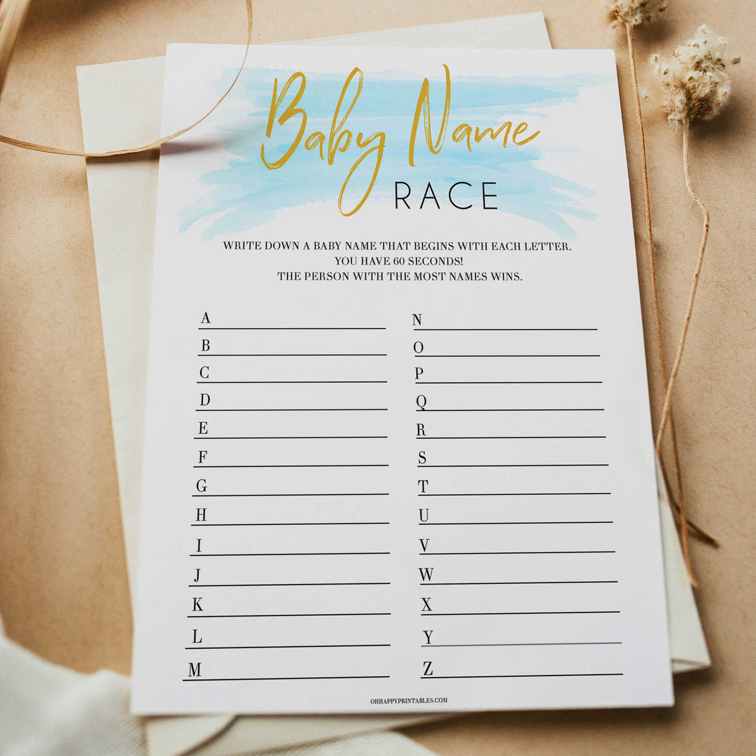 Blue swash, baby name race baby games, baby shower games, printable baby games, fun baby games, boy baby shower games, baby games, fun baby shower ideas, baby shower ideas