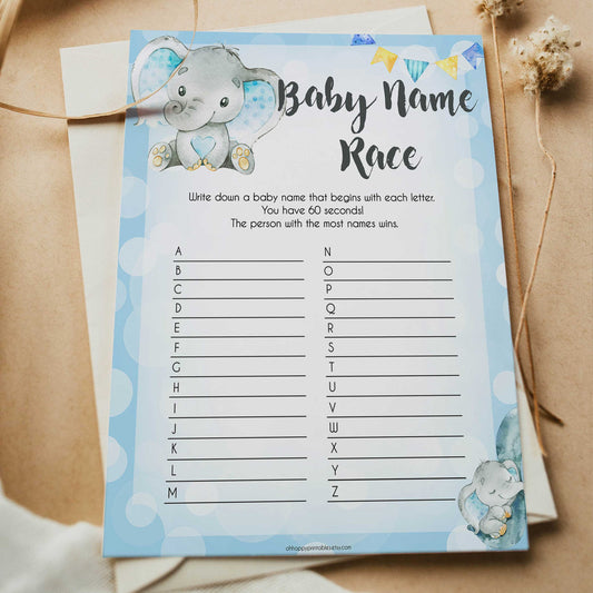 Blue elephant baby games, baby name race, elephant baby games, printable baby games, top baby games, best baby shower games, baby shower ideas, fun baby games, elephant baby shower