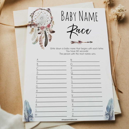 Boho baby games, baby name race baby game, fun baby games, printable baby games, top 10 baby games, boho baby shower, baby games, hilarious baby games