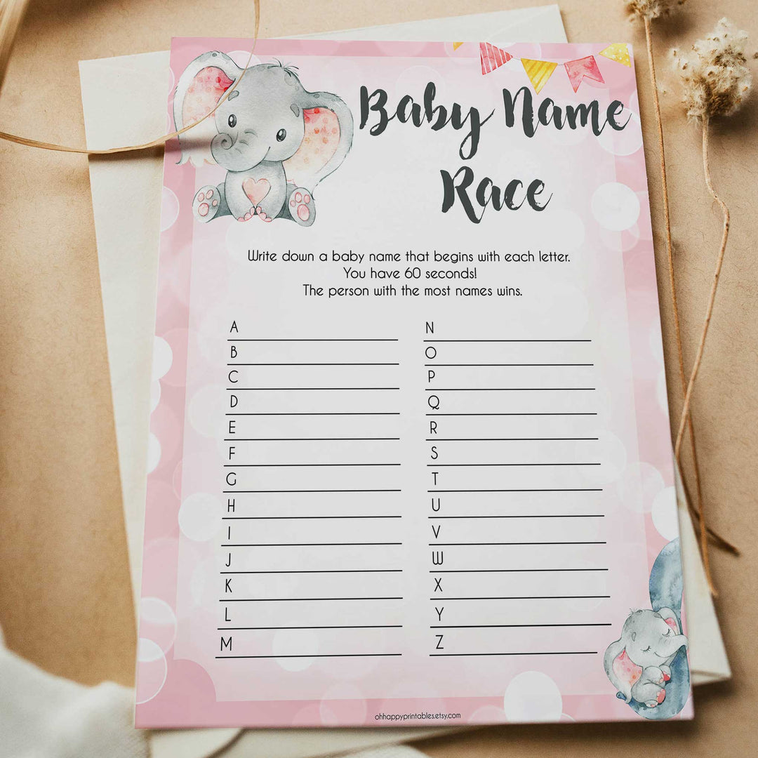 pink elephant baby games, baby name race baby shower games, printable baby shower games, baby shower games, fun baby games, popular baby games, pink baby games