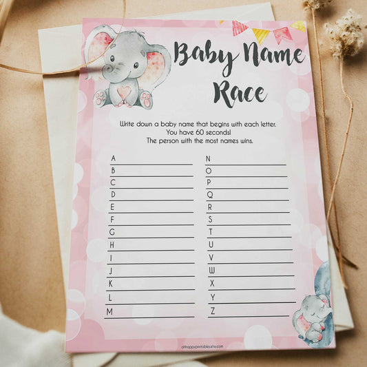 pink elephant baby games, baby name race baby shower games, printable baby shower games, baby shower games, fun baby games, popular baby games, pink baby games