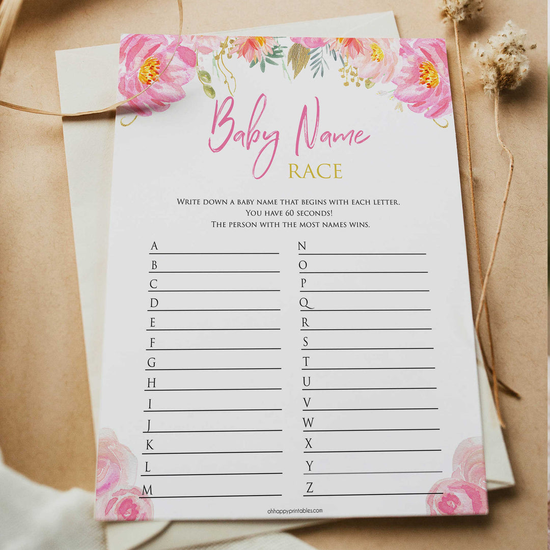 pink floral baby shower games, baby name race baby shower game, printable baby games, fun baby games, floral popular baby games