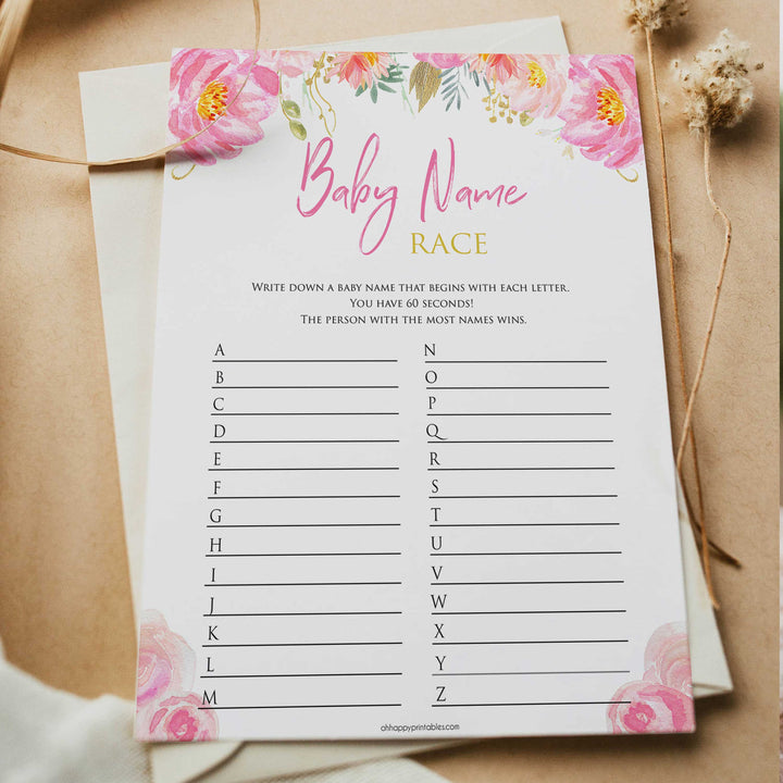 pink floral baby shower games, baby name race baby shower game, printable baby games, fun baby games, floral popular baby games