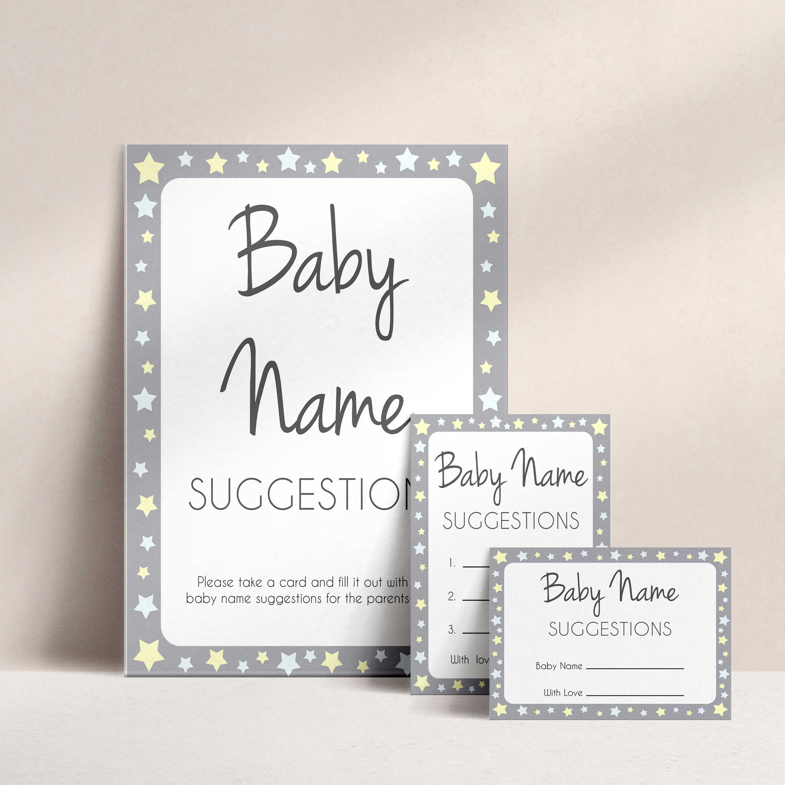 Baby Name Suggestion Grey Yellow Stars, Baby Name Suggestions, Printable Baby Shower Games, Baby Games, Baby Names, Grey Baby Name Cards, popular baby shower games, printable baby shower games, fun baby shower games