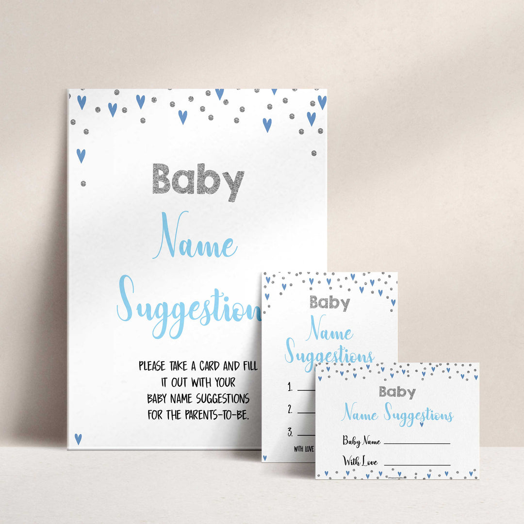 baby name suggestion game, baby names game, Printable baby shower games, small blue hearts fun baby games, baby shower games, fun baby shower ideas, top baby shower ideas, silver baby shower, blue hearts baby shower ideas