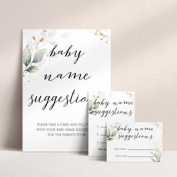 Gold green leaf baby games, baby name suggestions, printable baby games, fun baby games, top baby games to play, gold leaf baby shower, greenery baby shower ideas