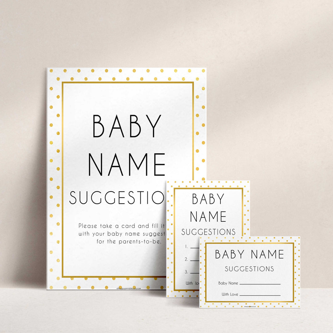 baby name suggestions game, Printable baby shower games, baby gold dots fun baby games, baby shower games, fun baby shower ideas, top baby shower ideas, gold glitter shower baby shower, friends baby shower ideas