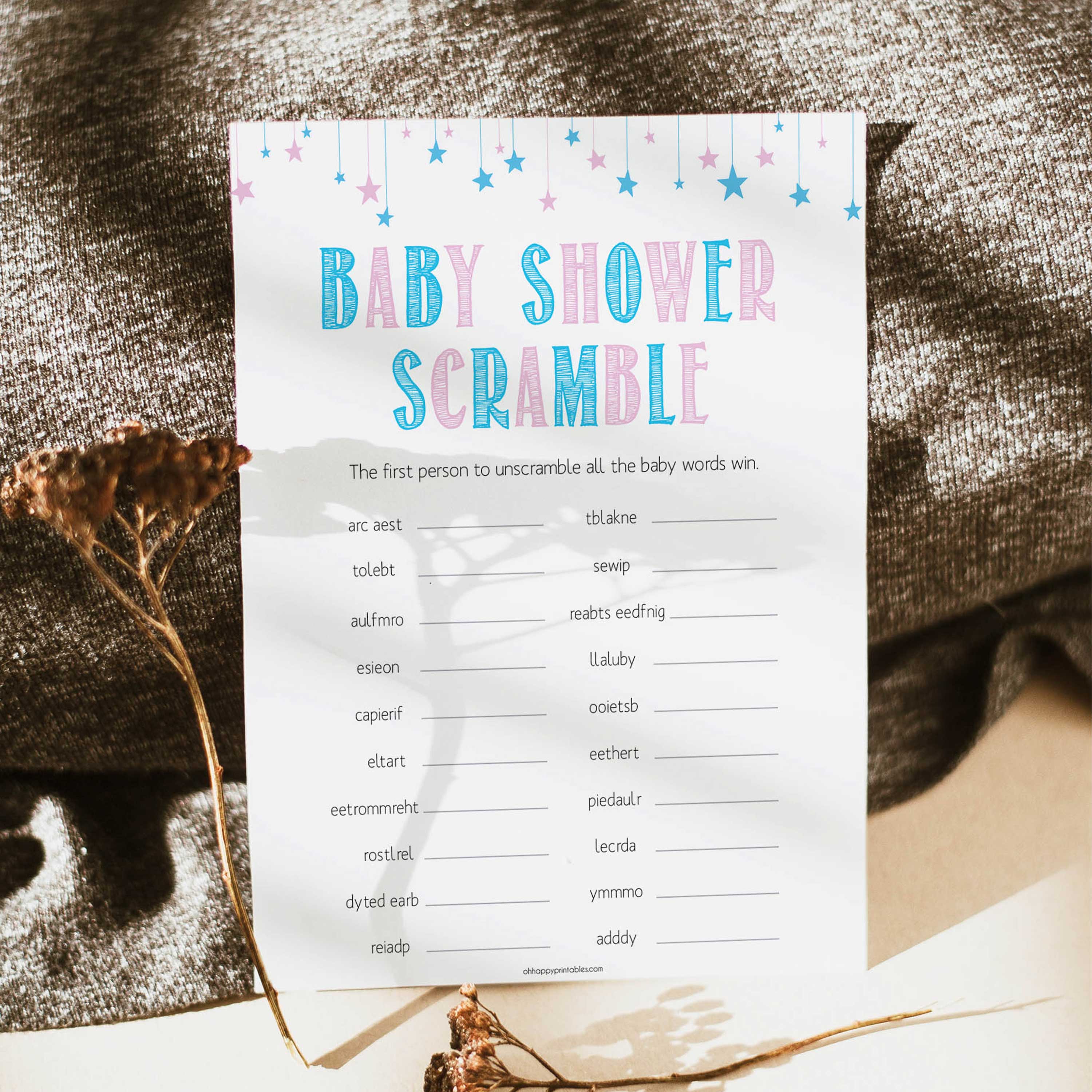 Gender reveal baby games, baby Scramble baby game, gender reveal shower, fun baby games, gender reveal ideas, popular baby games, best baby games, printable baby games, gender reveal baby games