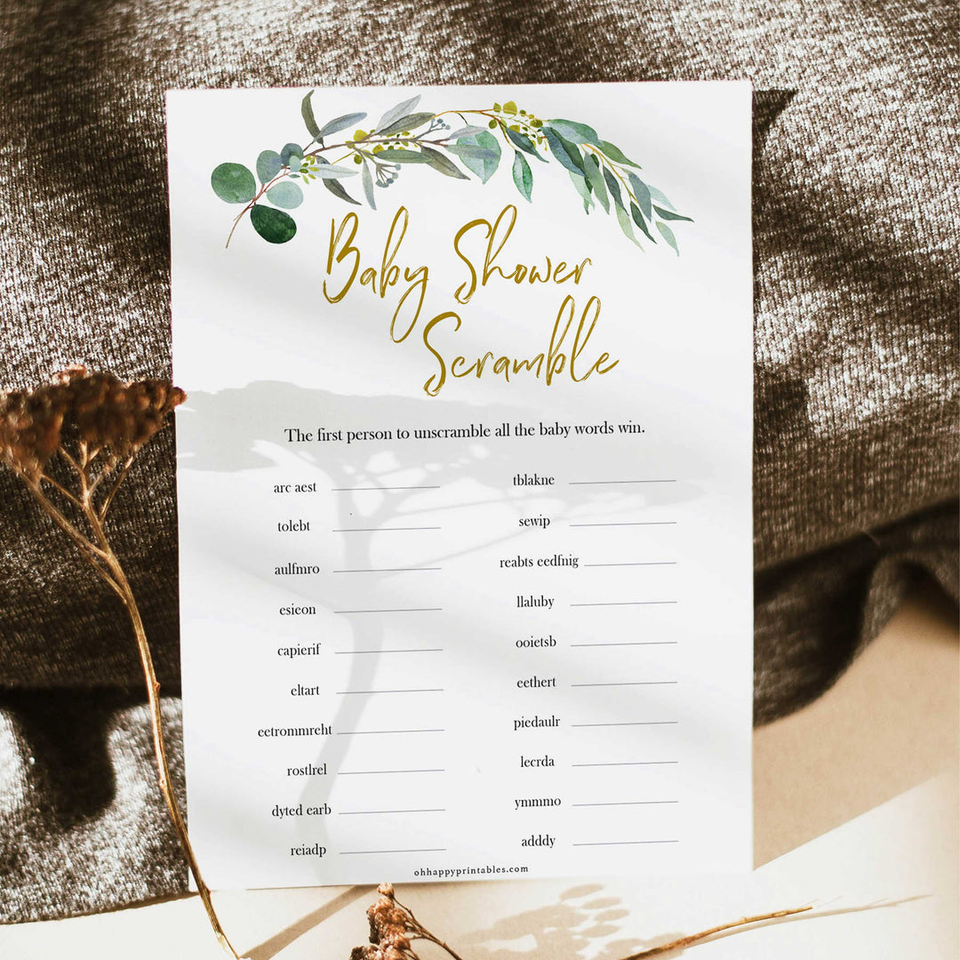 Eucalyptus baby shower games, baby scramble baby game, fun baby shower games, printable baby games, baby shower ideas, baby games, baby shower baby shower bundle, baby shower games packs, botanical baby shower