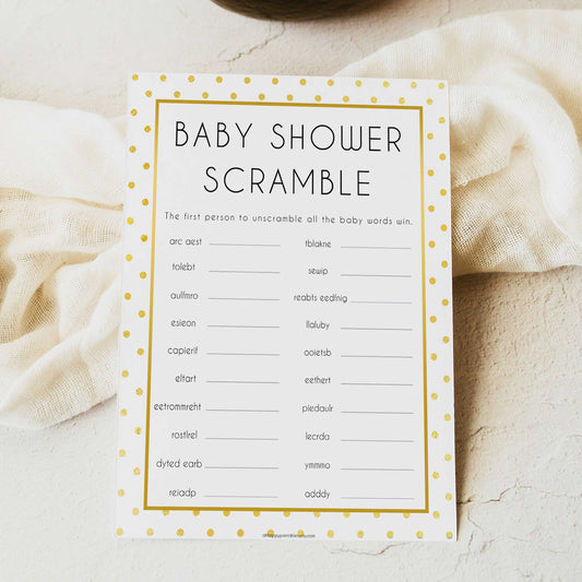 baby shower scramble, baby word scramble, Printable baby shower games, baby gold dots fun baby games, baby shower games, fun baby shower ideas, top baby shower ideas, gold glitter shower baby shower, friends baby shower ideas