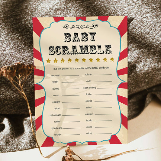 Circus baby shower scramble baby shower games, circus baby games, carnival baby games, printable baby games, fun baby games, popular baby games, carnival baby shower, carnival theme