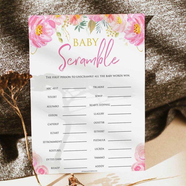 pink blush floral baby scramble baby shower games, printable baby shower games, fun baby games, baby scramble