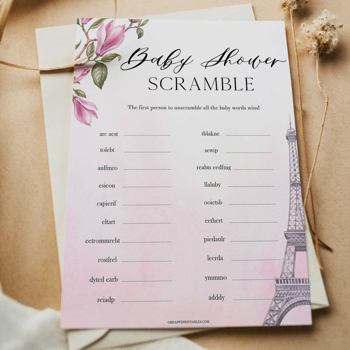 baby word scramble game, Parisian baby shower games, printable baby shower games, Paris baby shower games, fun baby shower games