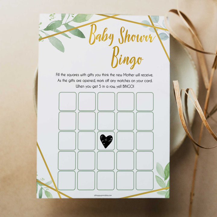 gold geometric baby shower bingo baby shower games, printable baby shower games, fun baby games, popular baby games, gold baby games