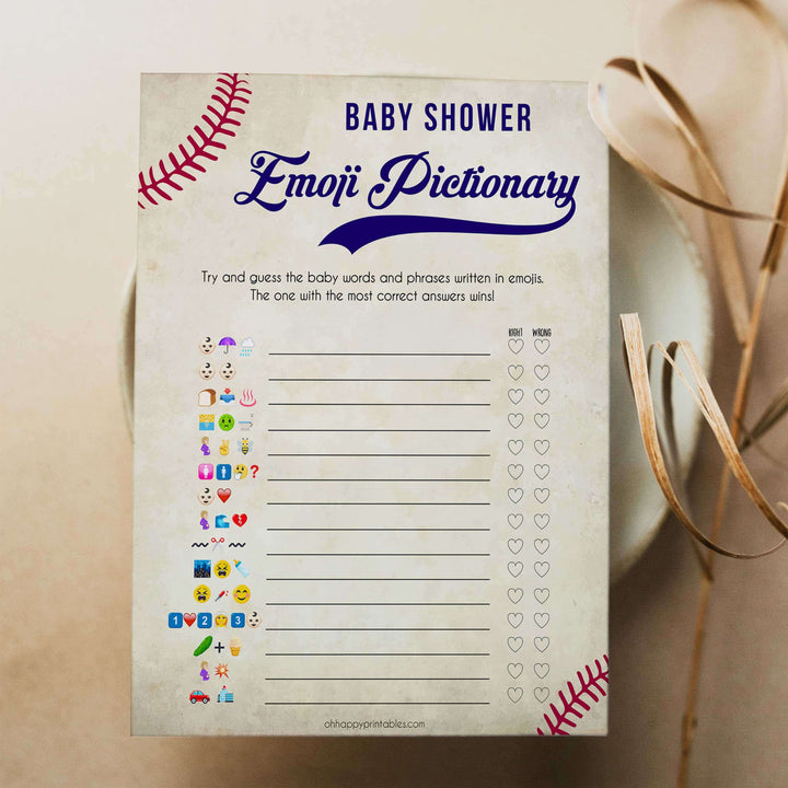 Baseball Emoji Pictionary Baby Shower Games, Emoji Baby Shower Games, Baseball Emoji Pictionary, Baseball Baby Shower Emoji Game, printable baby shower games, little slugger baby shower games, fun baby shower games