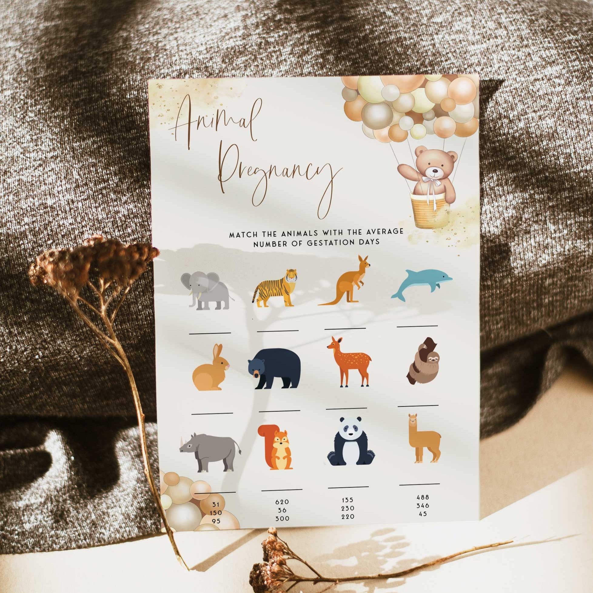 Fully editable and printable baby shower animal pregnancy game with a hot air balloon teddy bear, we can bearly wait design. Perfect for a We Can Bearly Wait baby shower themed party