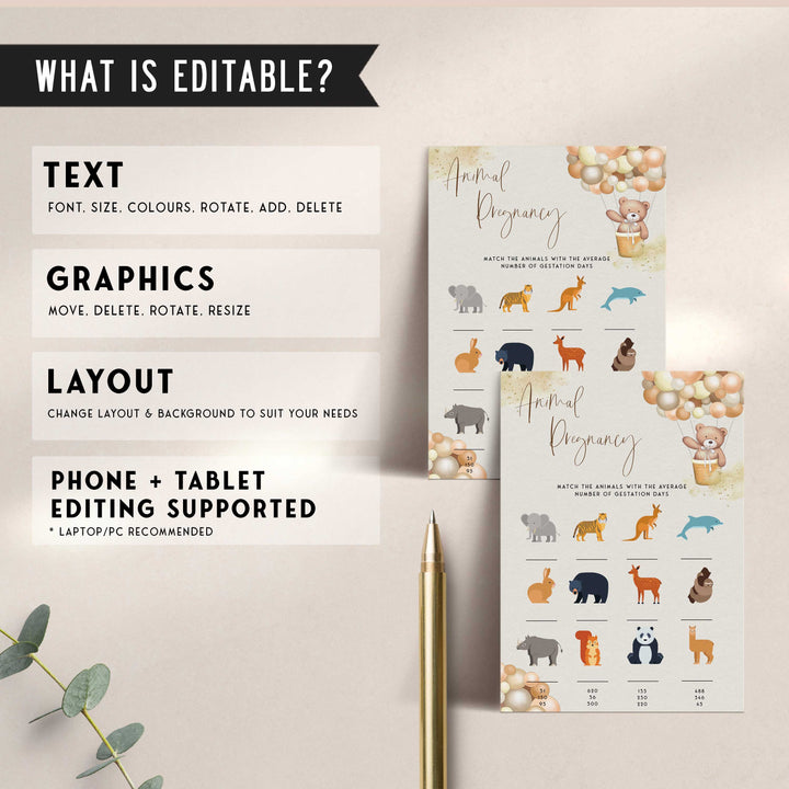 Fully editable and printable baby shower animal pregnancy game with a hot air balloon teddy bear, we can bearly wait design. Perfect for a We Can Bearly Wait baby shower themed party