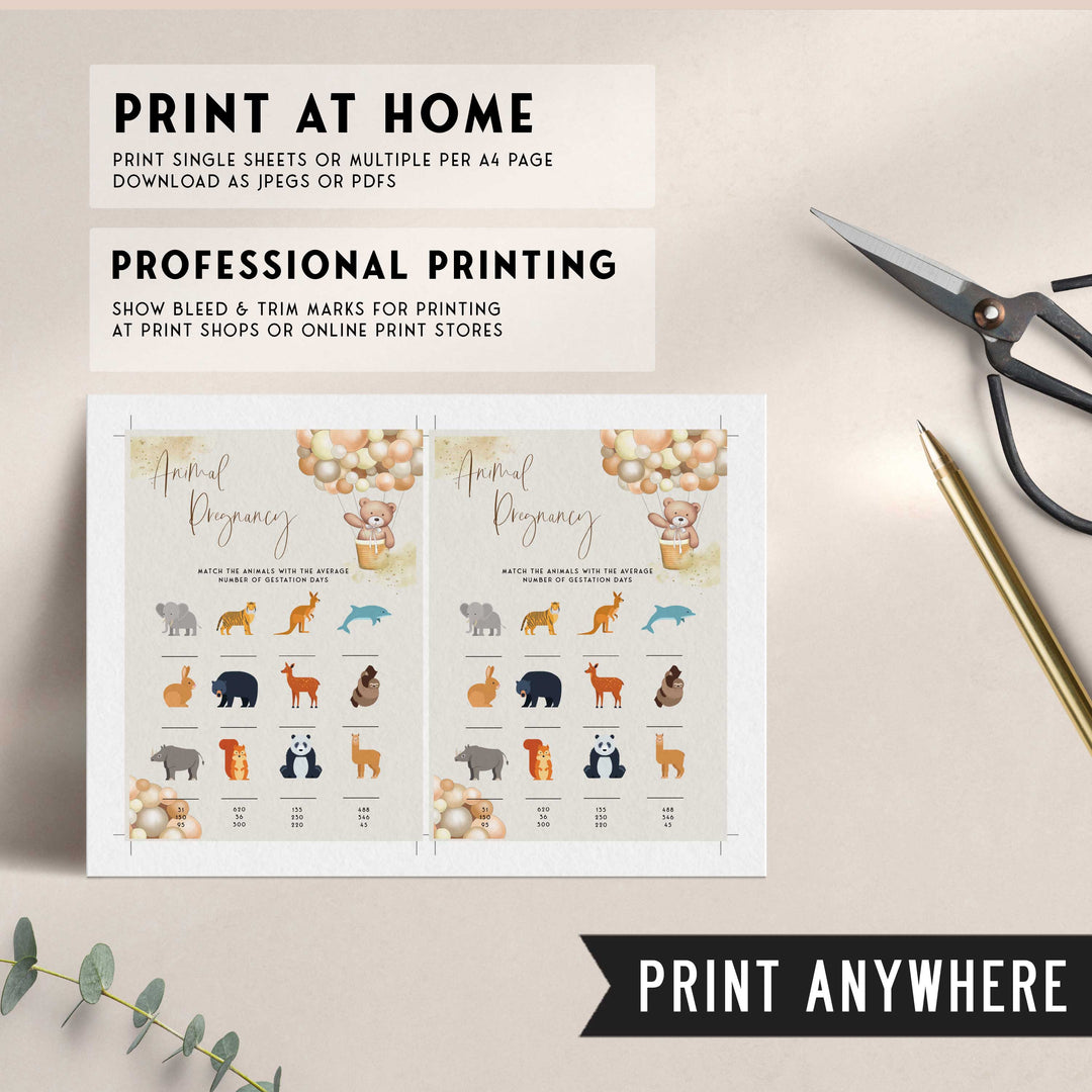 Fully editable and printable baby shower animal pregnancy game with a hot air balloon teddy bear, we can bearly wait design. Perfect for a We Can Bearly Wait baby shower themed party