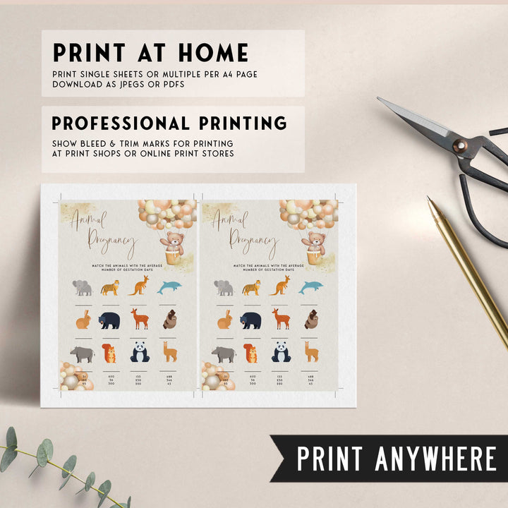 Fully editable and printable baby shower animal pregnancy game with a hot air balloon teddy bear, we can bearly wait design. Perfect for a We Can Bearly Wait baby shower themed party