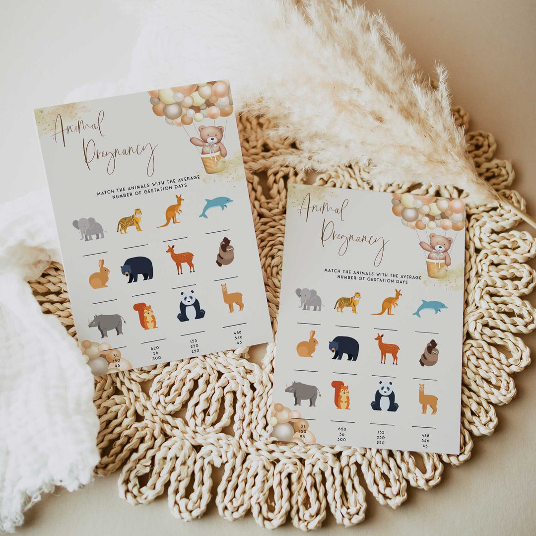 Fully editable and printable baby shower animal pregnancy game with a hot air balloon teddy bear, we can bearly wait design. Perfect for a We Can Bearly Wait baby shower themed party