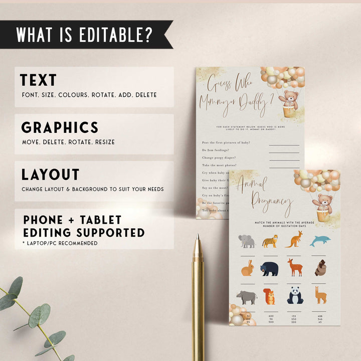 60 editable baby shower games, printable baby shower games, fully editable baby games, we can bearly wait baby games, teddy bear baby games