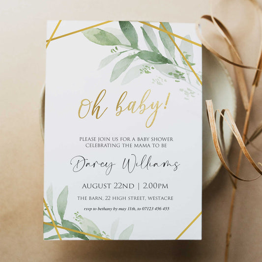 editable oh baby baby shower invitation, gold geometric baby shower invitations, editable baby shower invites, mobile baby shower invites, gold baby shower theme