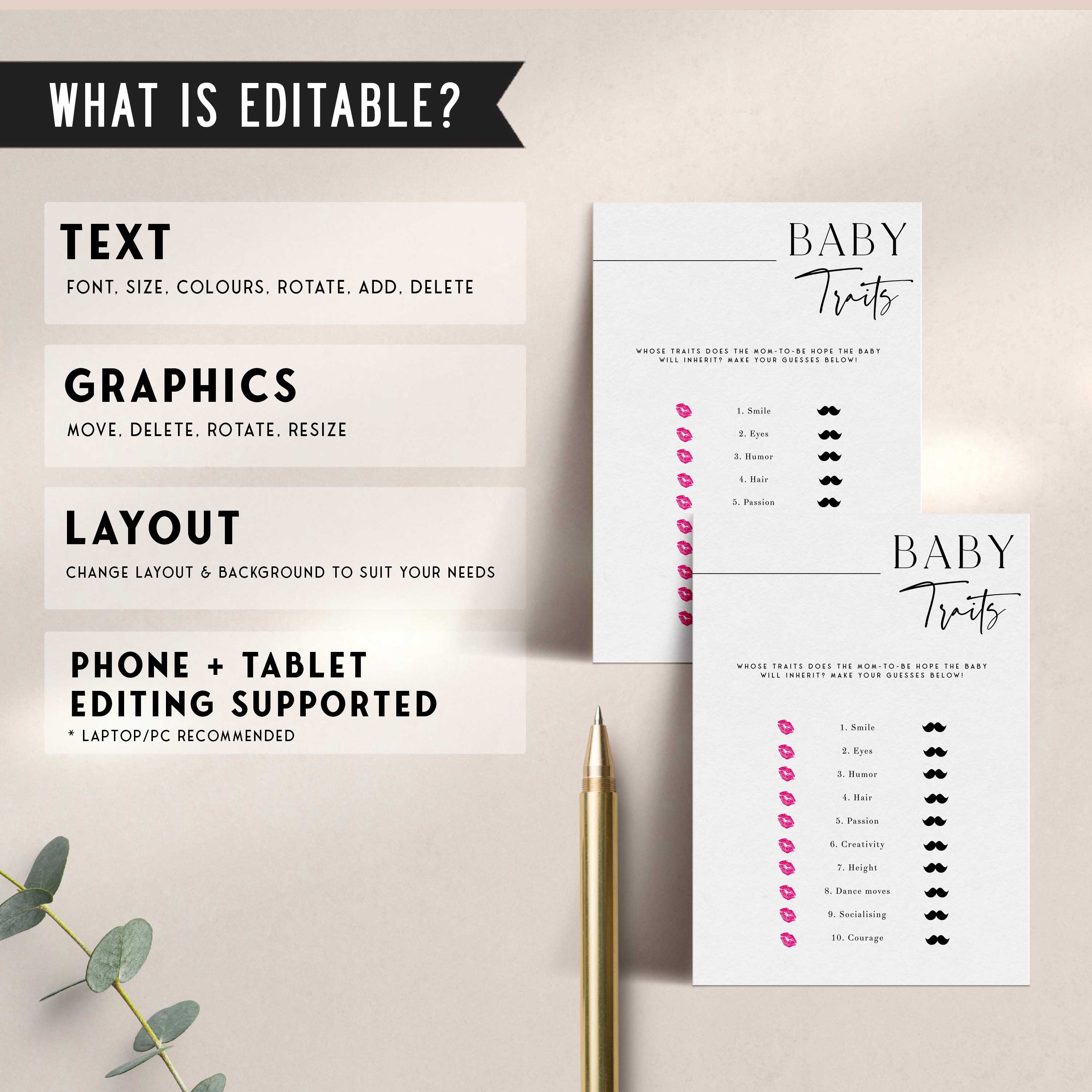 baby traits baby shower game, printable baby shower games, editable baby shower games, modern baby shower games, minimalist baby shower