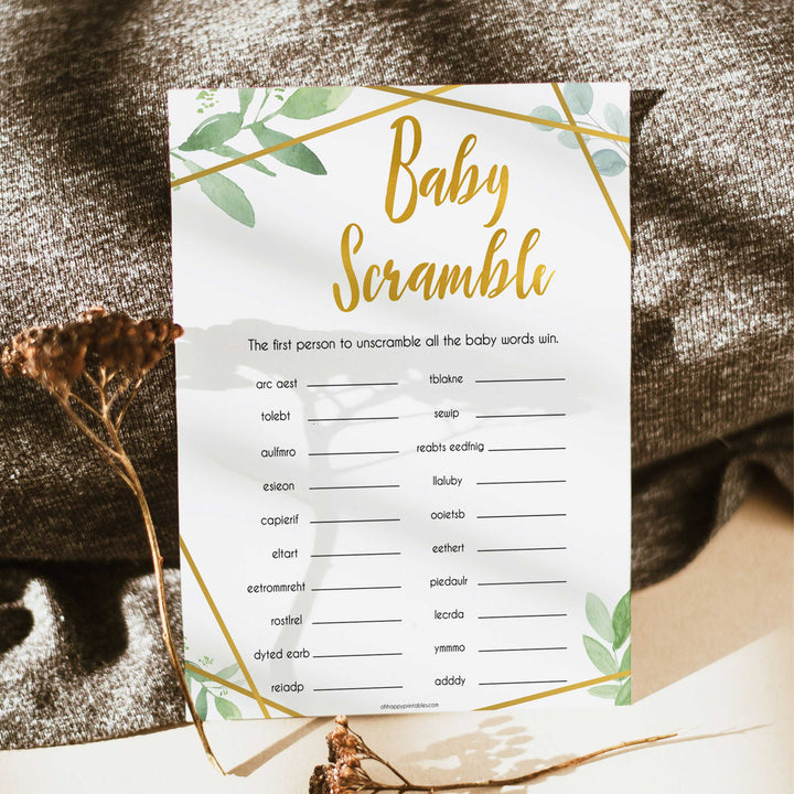 gold geometric baby word scramble baby shower games, printable baby shower games, fun baby games, popular baby games, gold baby games