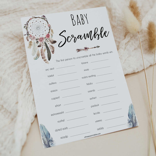 Boho baby games, baby scramble baby game, fun baby games, printable baby games, top 10 baby games, boho baby shower, baby games, hilarious baby games