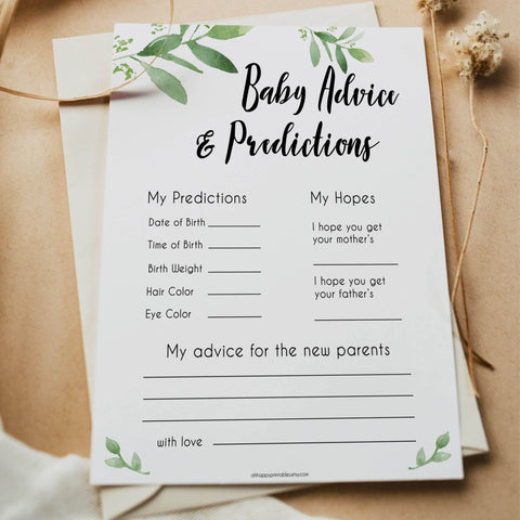 baby advice and predictions botanical theme baby shower games, botanical baby games, botanical baby shower themes