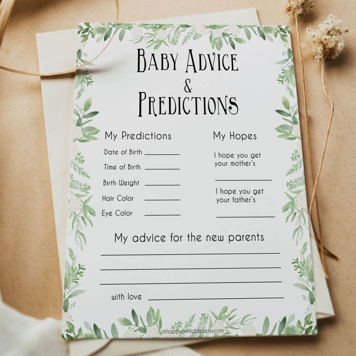 Green Leaf Baby Advice & Predictions, Greenery Baby Shower Games, Leaf Baby Advice, Botanical Baby Predictions Printable,Baby Shower, printable baby games, fun baby games, popular baby games