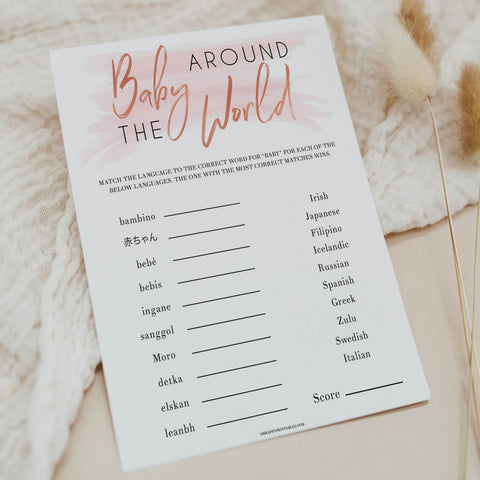 Pink baby around the world game, printable baby shower games, fun baby shower games, popular baby shower games