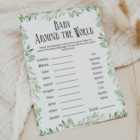 Greenery Leaf Baby Around The World Game, Baby in Different Languages, Green Baby Shower, Baby Shower Games, Botanical Travel Baby Game, printable baby games, fun baby games, popular baby games
