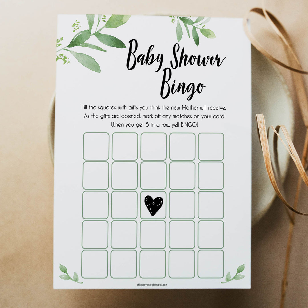 Botanical Baby Shower Bingo, Greenery Gender Neutral Baby Shower Games, Baby Bingo Game, Green Baby Shower, Botanical Baby Shower Games, best baby shower games, funny abby games, top baby games