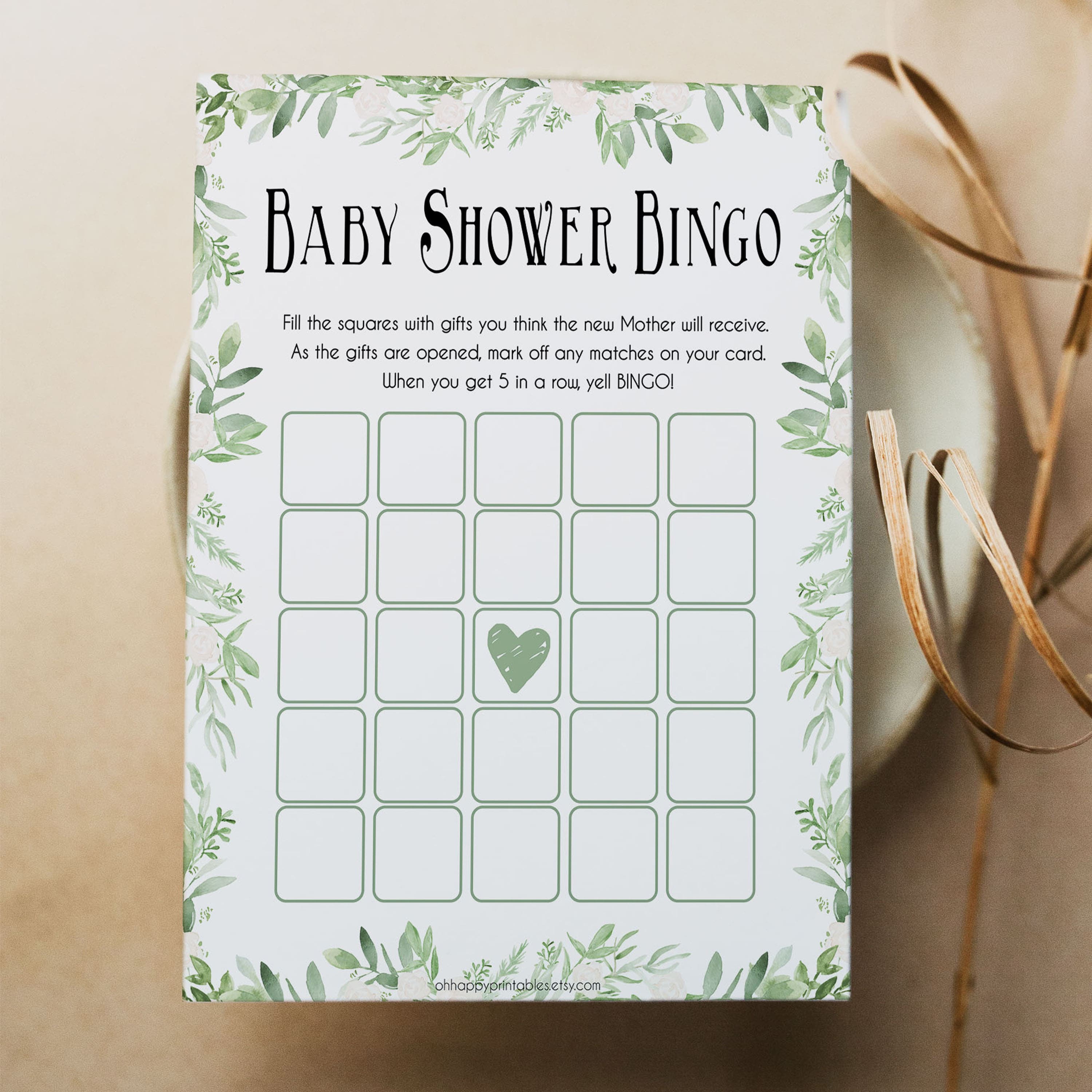 Baby Shower Bingo, Greenery Leaf, Gender Neutral Baby Shower Games, Baby Bingo Game, Green Baby Shower, Botanical Baby Shower Games, printable baby shower games, fun baby shower games, popular baby shower games