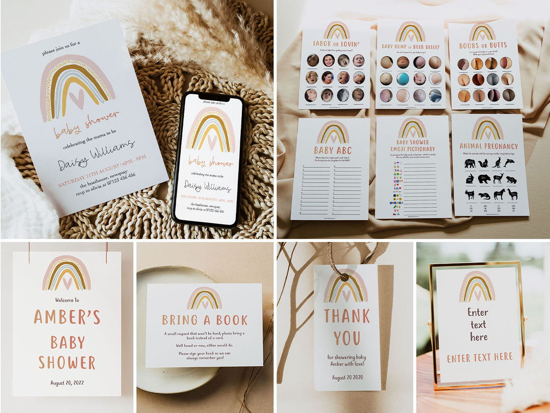 full baby shower bundle, baby shower games, baby welcome sign, mega baby shower bundle, boho rainbow baby shower